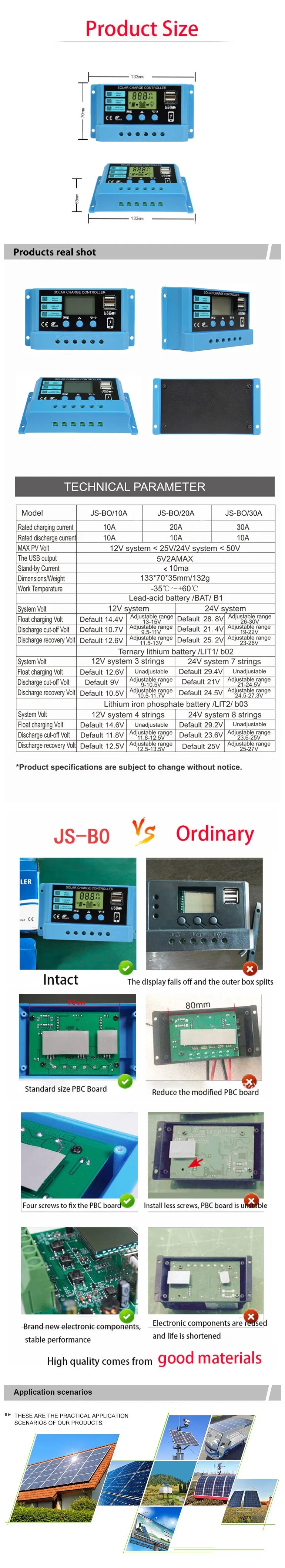 PWM 10A 20A 30A Solar Power Regulator 12V 24V Auto Dual USB LCD Display Load Discharger Solar Charger Controller